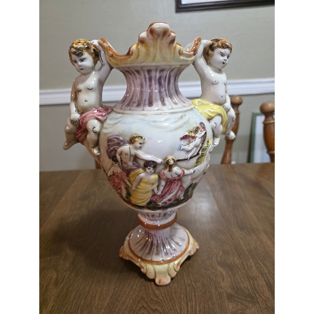 Vintage Capodimonte Style Italian Pottery Cherub Urn Vase Relief Made in Italy